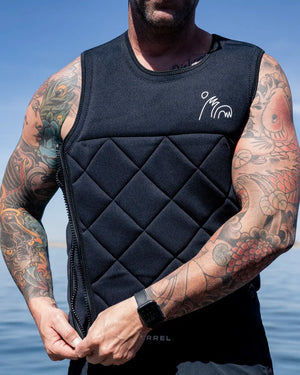 Army Green | competition surf vest, side zip lifestyle image on water with tattoos. 