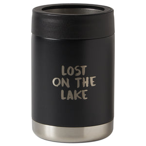 Black |  insulated mug with 'Lost on the Lake' text on a white background
