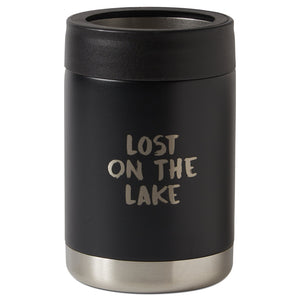 front view of insulated drink holder in black featuring 'lost on the lake' text