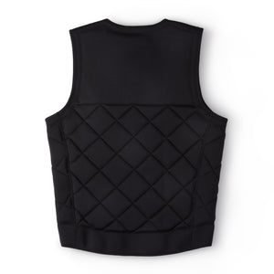 | Black  Back view of black competition impact wake surf vest with quilted pattern and drop cut. 