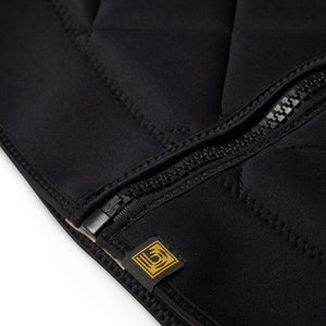 | Black Detail view of Black Competition surf vest with black YKK Zipper and diamond pattern. 
