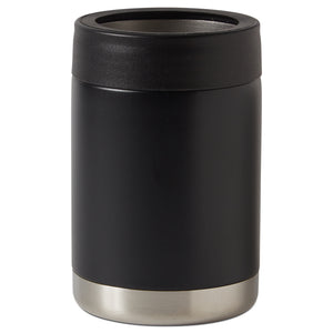 Black |  Back view of black insulated drink holder, no text with black lid and stainless base. 