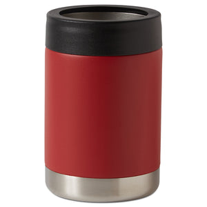 Brick | back view of red brick can cooler with black lid and stainless bottom. 