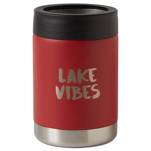 front view of insulated drink holder in red featuring 'lake vibes' text