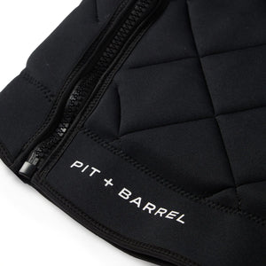 Black | Black competition wake surf vest,  detail of seams and YKK zipper.
