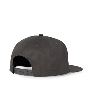 Back 3/4 view of 5 panel snapback dark grey cap. 