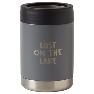 front view of insulated drink holder in grey featuring 'lost on the lake' text
