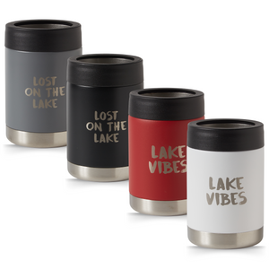 Set of four insulated drink containers with 'Lost on the Lake' and 'Lake Vibes' text on a white background.