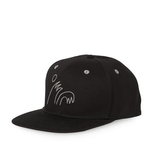 Front 3/4 view of black 5 panel snapback cap with 'High Five' curling wave logo in grey. 