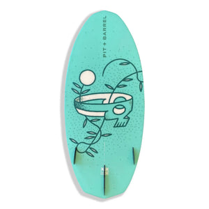 Bottom View of the green Havasu 48" skim board on white background with the Skull and Vine pattern with fins.