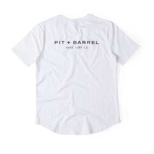 Back View of a White t-shirt with a black logo that says 'Pit+Barrel Wake Surf Co' on a white background