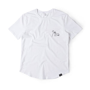 Front View of a White t-shirt with a small black "high five" barreling wave graphic on a white background