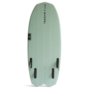 Keowee 48" |  Bottom view of light green colored wake surf board focusing on the quad fin design and dimensions with Pit + Barrel logo down the center. 