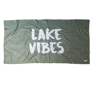 Front view of Sage Microfiber towel laid out with text saying Lake Vibes. 