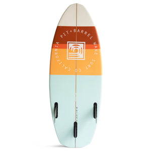 Ozark 53" | Bottom view of retro colored wake surf board with 3 fins and curling wave logo that sate 'Pit + Barrel Wake Surf Co California'. Dimension are printed in line with back fin. 