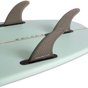 Detail of retro colored wake surf board with 3 carbon fiber fins showing the dimensions of  53" board and Futures fin boxes. 