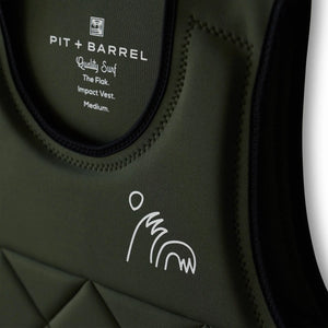 Army Green competition surf vest, detail of stitching and logo