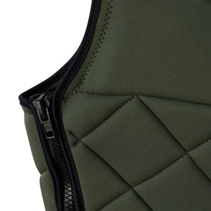 Army Green competition surf vest, detail of ykk zipper.