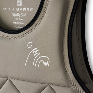 Tan | competition surf vest, Detail view of logo and fabric.