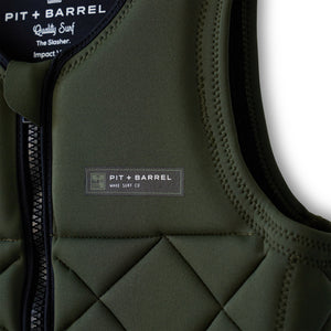 Army Green Competition Impact Wake surf vest. Detail of logo and stitching. 