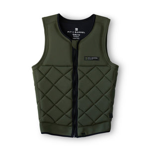 | Army Green Competition Wake surf vest front view on white. Impact vest is front zip with YKK zipper. 