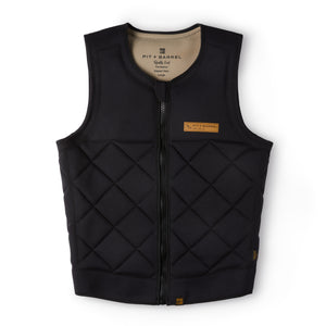 | Black Front view of black competition impact wake surf vest that is front zip with YKK zippers and minimal logo with quilted pattern . 