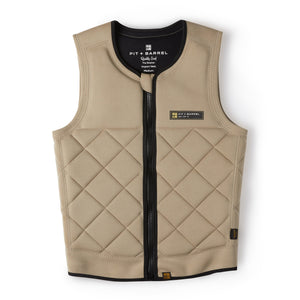 | Tan competition wake surf vest front view on white. Impact vest is front zip with black YKK zipper with quilted pattern. 