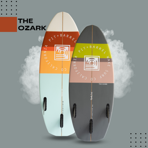 lifestyle image of both Ozark boards with retro theme. one smaller gray board and one light blue and orange. Both boards are side by side showing scale of each. Image showcases the name of the board called 'The Ozark'. 
