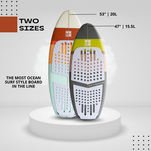 Lifestyle Image showcasing 'The Ozark' wake surf boards in 2 sizes showing 53" 20 liter board and the other 47" 15.5 liter board. Image describes boards as 'The most ocean surf style board in the line'. 