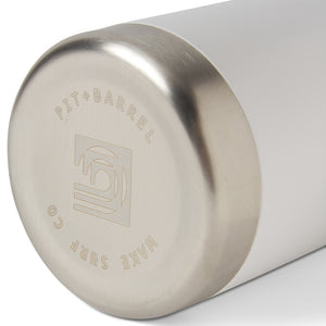 White |  Bottom view of insulated drink holder in White featuring 'Pit + Barrel Wake Surf Co.' text with curling wave logo. 