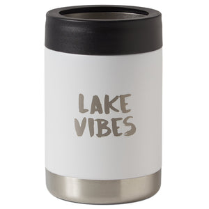 White |  insulated drink holder with black lid and silver base, featuring 'Lake Vibes' text on a white background.
