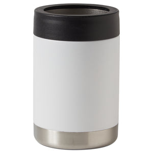 White |  Back view of white insulated drink holder with black lid and stainless base. 