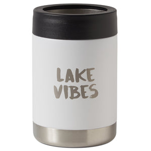 front view of insulated drink holder in white featuring 'lake vibes' text
