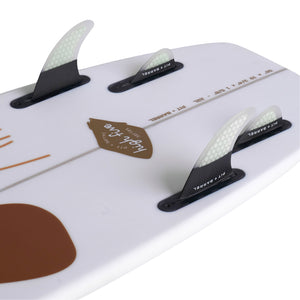 Detail image of 'High five' wake surf board showing 4 fin design using futures fin boxes and brown logo with dimensions of board on tail. 