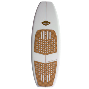 Top of High Five wake surf board featuring a brown traction pad and 'High Five' logo and minimal branding of Pit+Barrel Wake Surf Co name. 