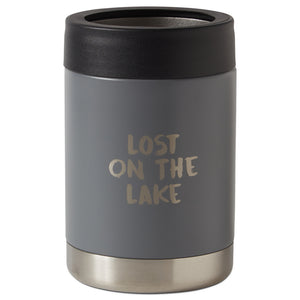 Grey | insulated mug with 'Lost on the Lake' text on a white background